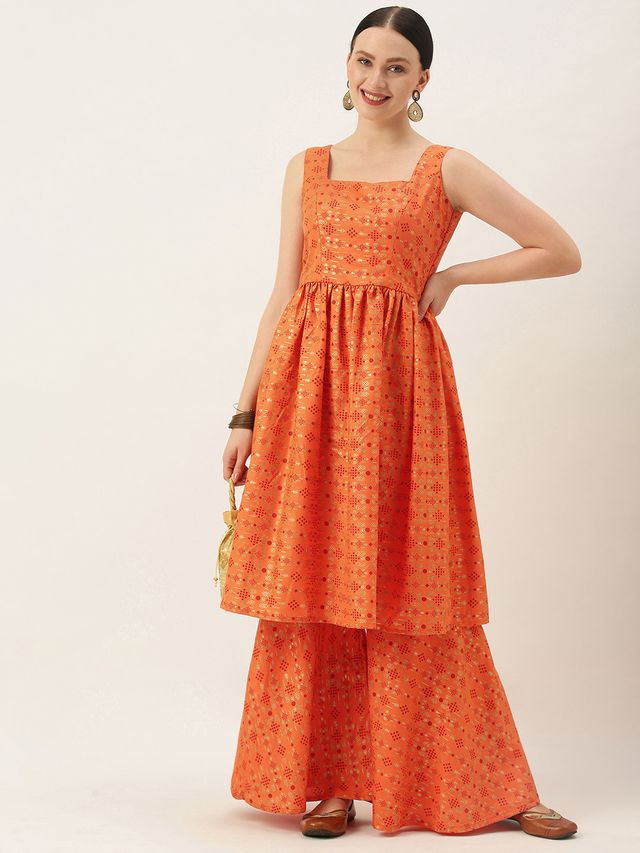 Bollywood Vogue Ready To Wear Orange Printed Kurta N Gharara Set