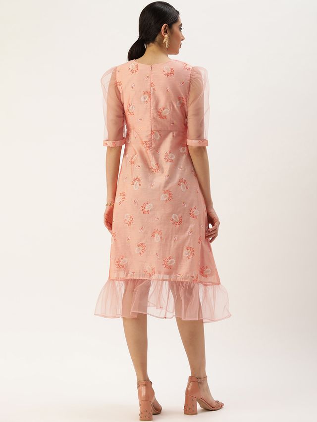 Bollywood Vogue Ready To Wear Peach Foil Printed A Line Dress