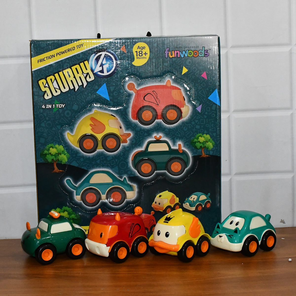 Funwoods 4-Piece Animal Cartoon Pull-Back Toy Car Set Cute Friction Powered Vehicles for Kids (4 Pc  Set)