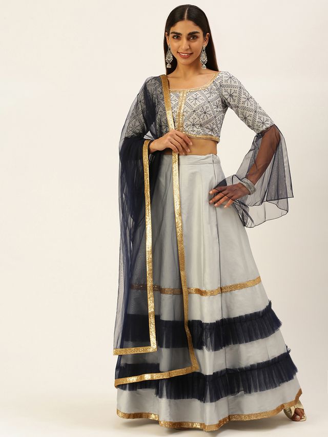 Bollywood Vogue Ready To Wear Blue N Grey Sequence Embroidered Lehenga Set