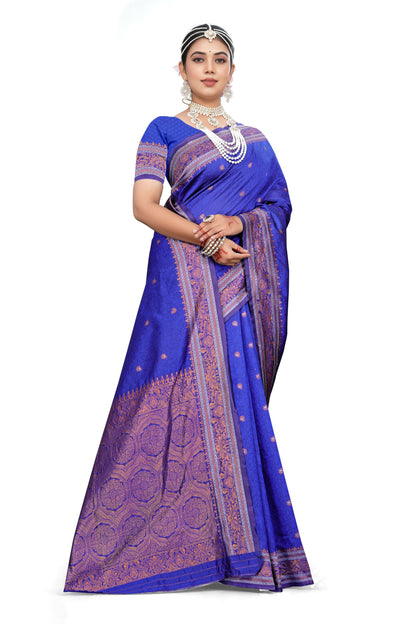 AXONIT Sapphire Majesty Premium Jacquard Silk Saree with Rose-Gold Zari Border