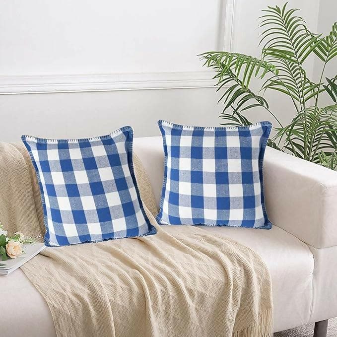 Lushomes Square Cushion Cover with Blanket Stitch, Cotton Sofa Pillow Cover Set of 2, Pillow Cushions Covers (Pack of 2) (24x24 Inch, multi-color) - HalfPe