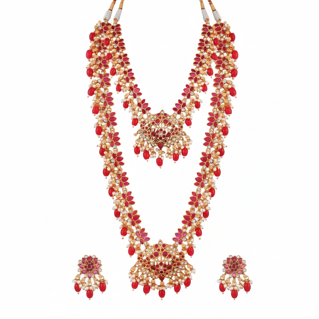 Lotus Floral Design Gold Plated Necklace Set Combo for Women - 1,Red,24 Inch SUPER