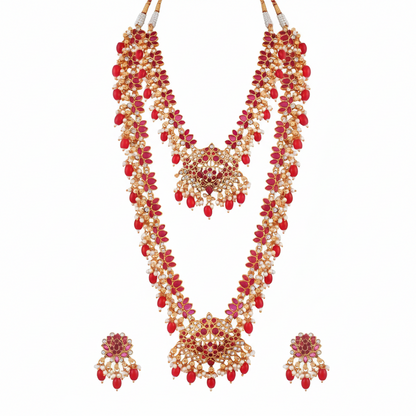 Lotus Floral Design Gold Plated Necklace Set Combo for Women - 1,Red,24 Inch SUPER
