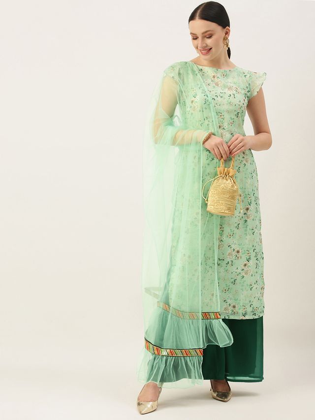 Bollywood Vogue Ready To Wear Green Muslin Print N Green Georgette palazzo Suit