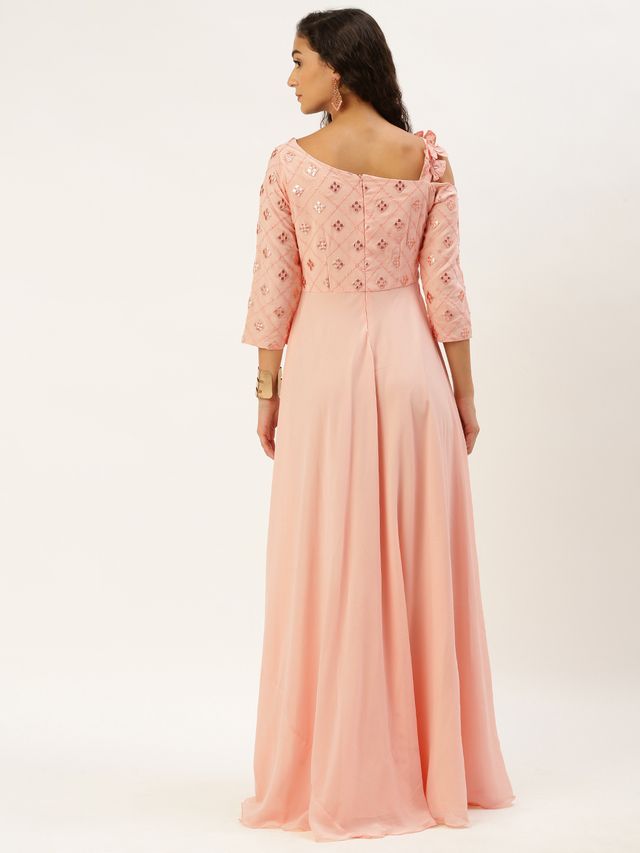 Bollywood Vogue Ready To Wear Peach Georgette Sequins One Shoulder Style Gown