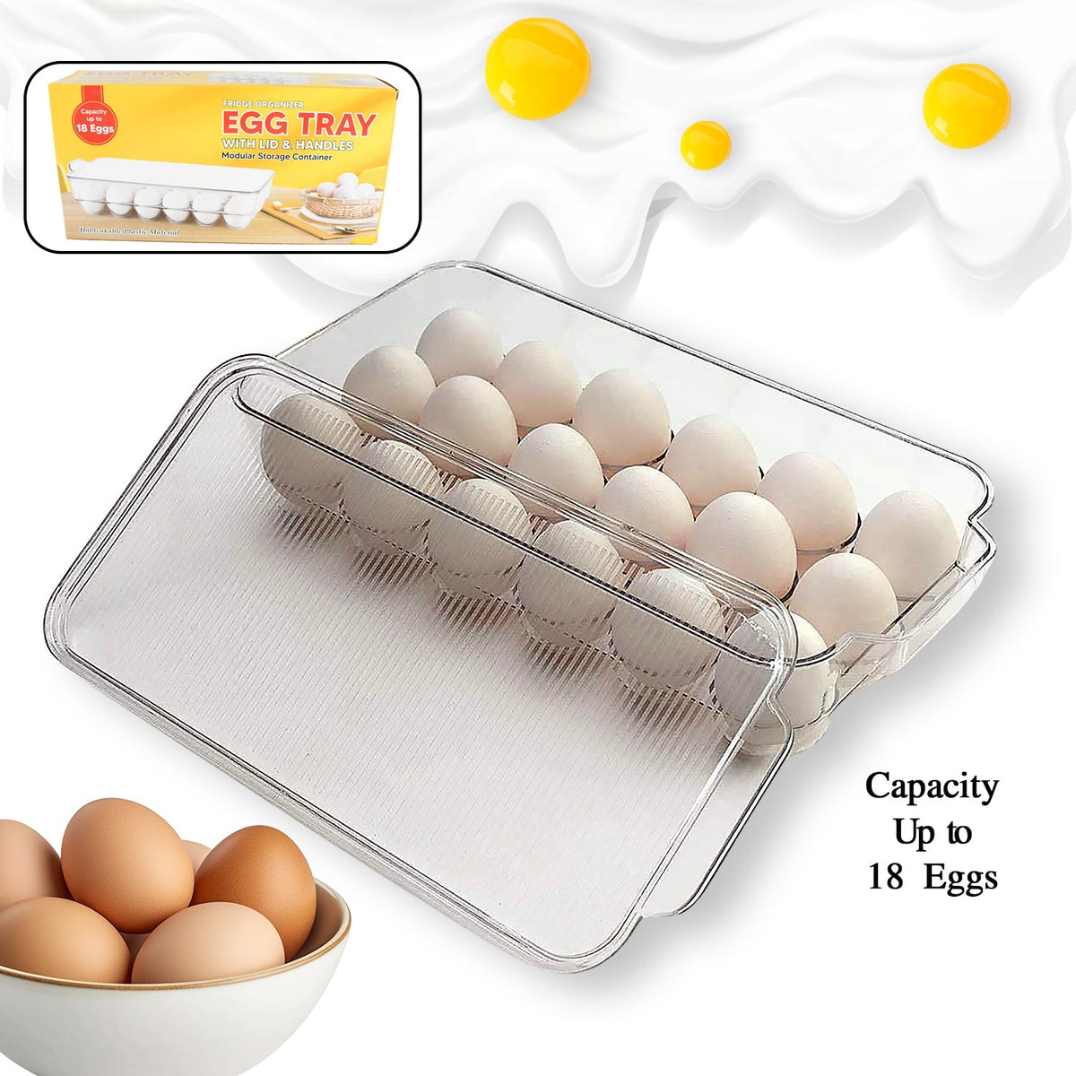 Plastic 18 Cavity Egg Storage Box Or Egg Trays For Refrigerator With Lid  Handles High Quality Rectangular Egg Tray Box For 18 Egg (1 Pc) HP DD