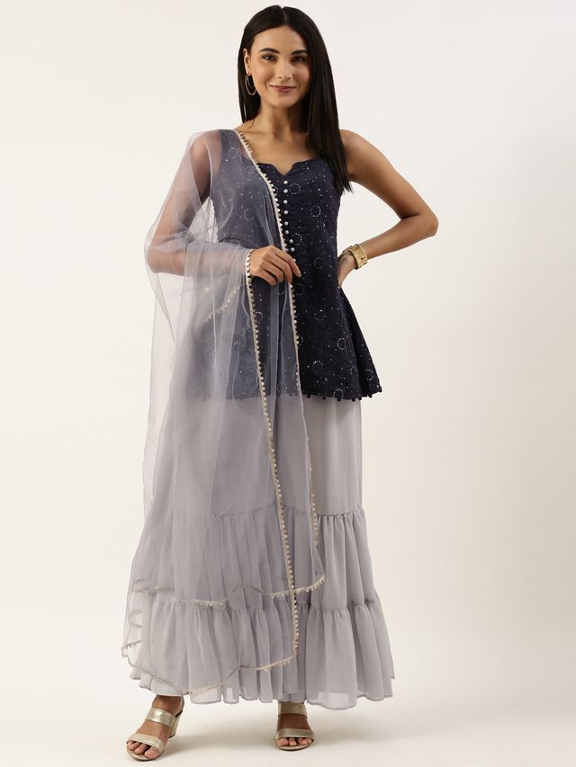 Bollywood Vogue Ready To Wear Dark Grey Georgette Embroidered Gharara Suit
