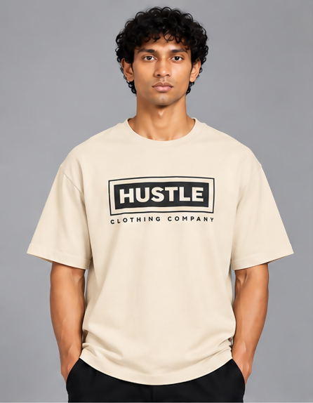 HUSTLE Men's Crew Neck Oversized T-Shirt – Cream(Oversized fit)