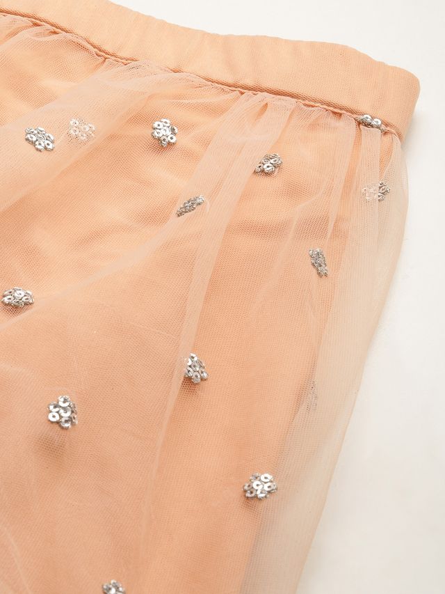 Bollywood Vogue Ready To Wear Multicoloured N Peach Net Embroidered Lehenga