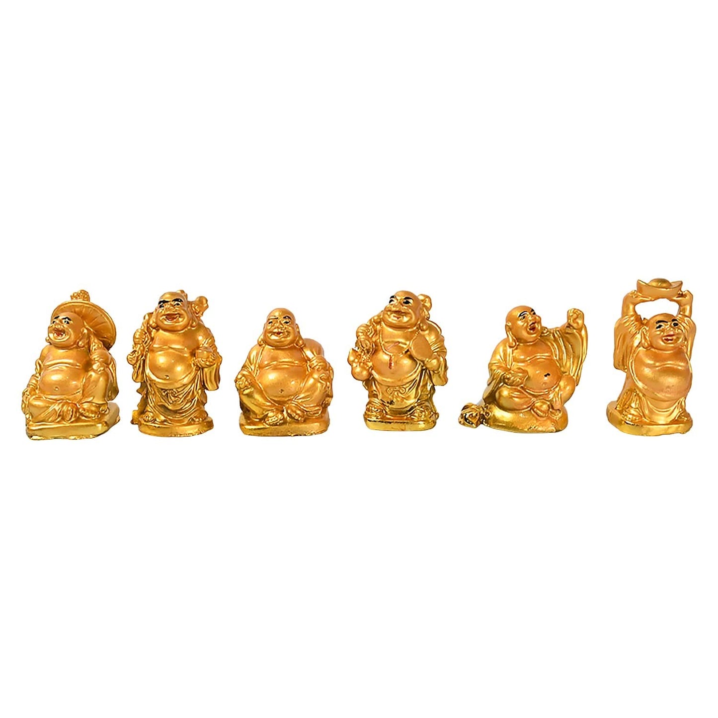 Golden Laughing Buddha Statue Set – 6 Pcs for Happiness, Wealth & Good Luck Decor