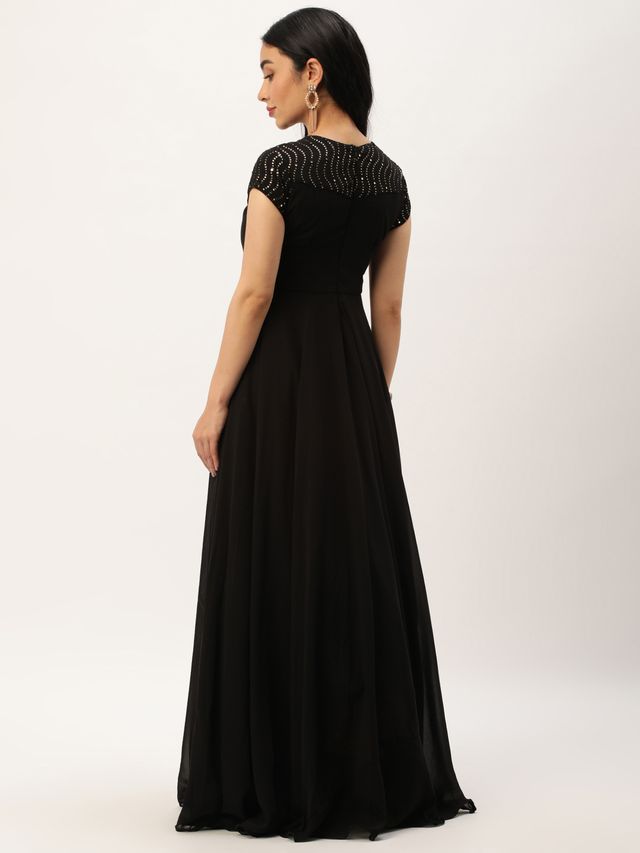 Bollywood Vogue Ready To Wear Black Georgette Embroidered Flared Gown