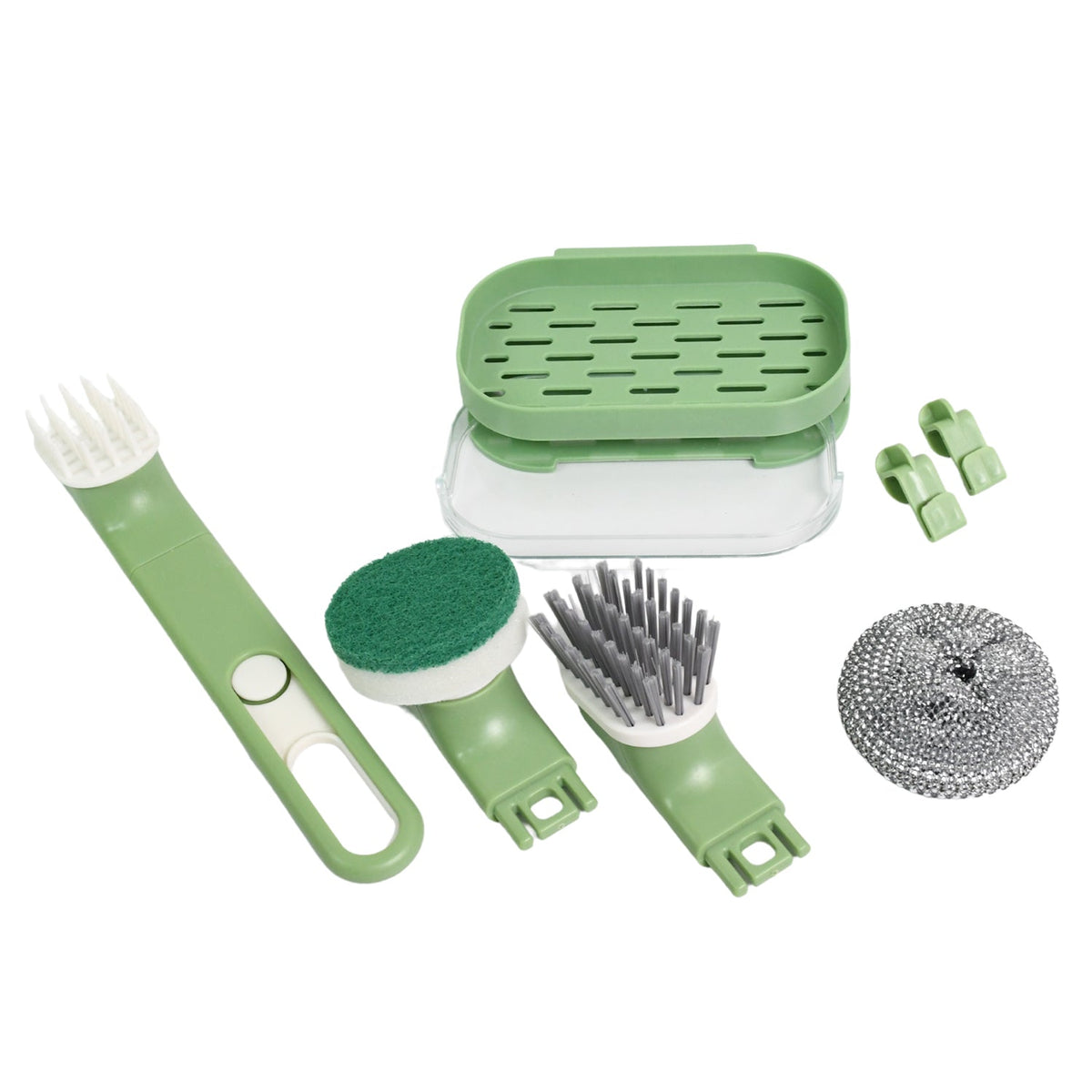 Dish Brush Set With Handle Replacement Heads Drain Tray In Kitchen (9 Pcs Set) HP DD