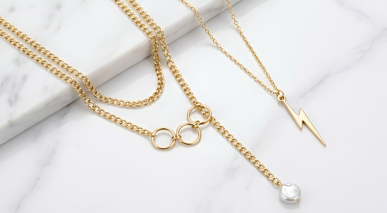 Trendy Gold-Tone Layered Necklace Set with Triple Ring Detail & Lightning Bolt Pendant