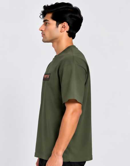 HUSTLE Men's Crew Neck Oversized T-Shirt – Deep Olive Green