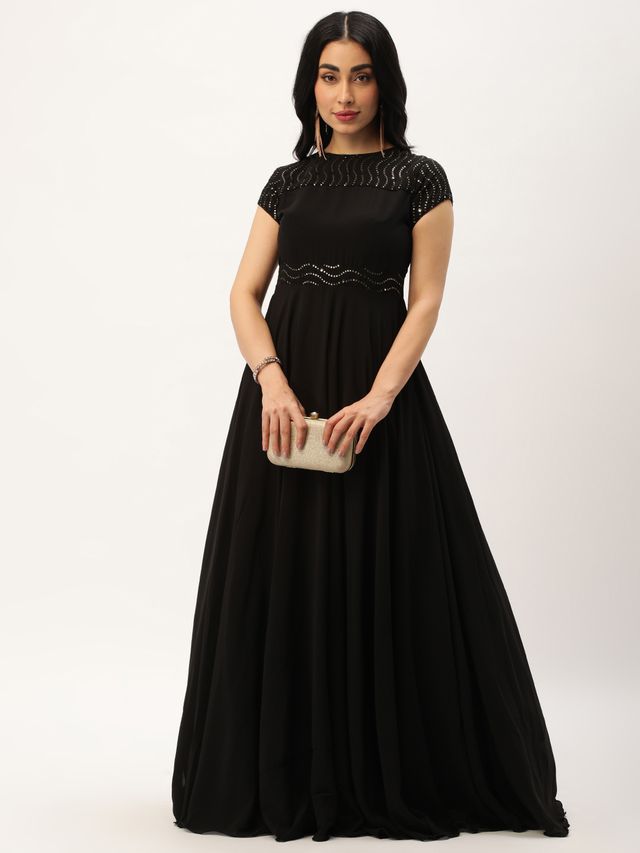Bollywood Vogue Ready To Wear Black Georgette Embroidered Flared Gown