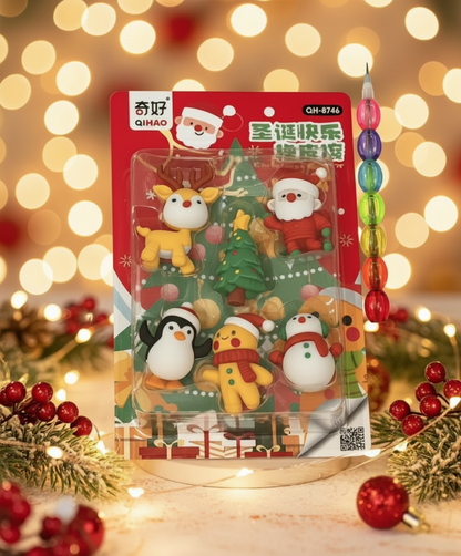 Le Delite Santa Claus Christmas Tree Reindeer Snowman Xmas Theme Combo of 6 Erasers & 1 Rainbow Pencil