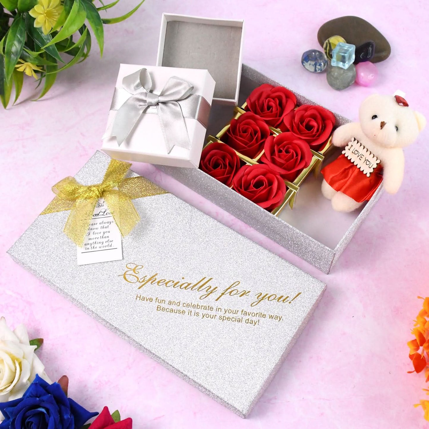 Valentine Gift Set – Teddy & Scented Rose Flower Box