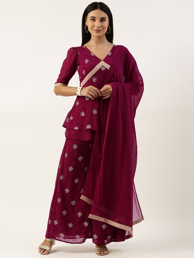 Bollywood Vogue Ready To Wear Magenta Georgette Embroidered Palazzo Suit