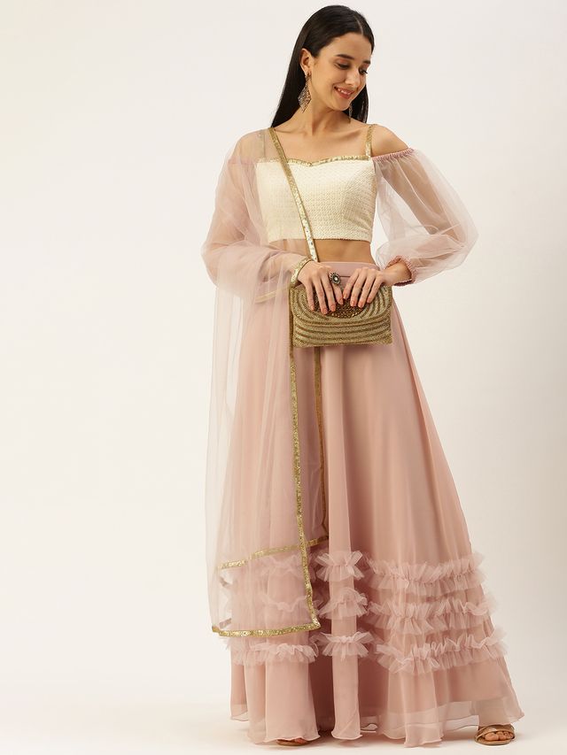 Bollywood Vogue Ready To Wear Pink N White Off Shoulder Puff Sleeves Lehenga