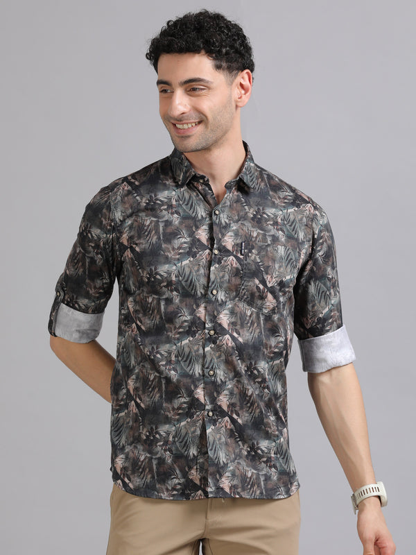 Men Grey Full Sleeve Cotton Printed Casual Shirt