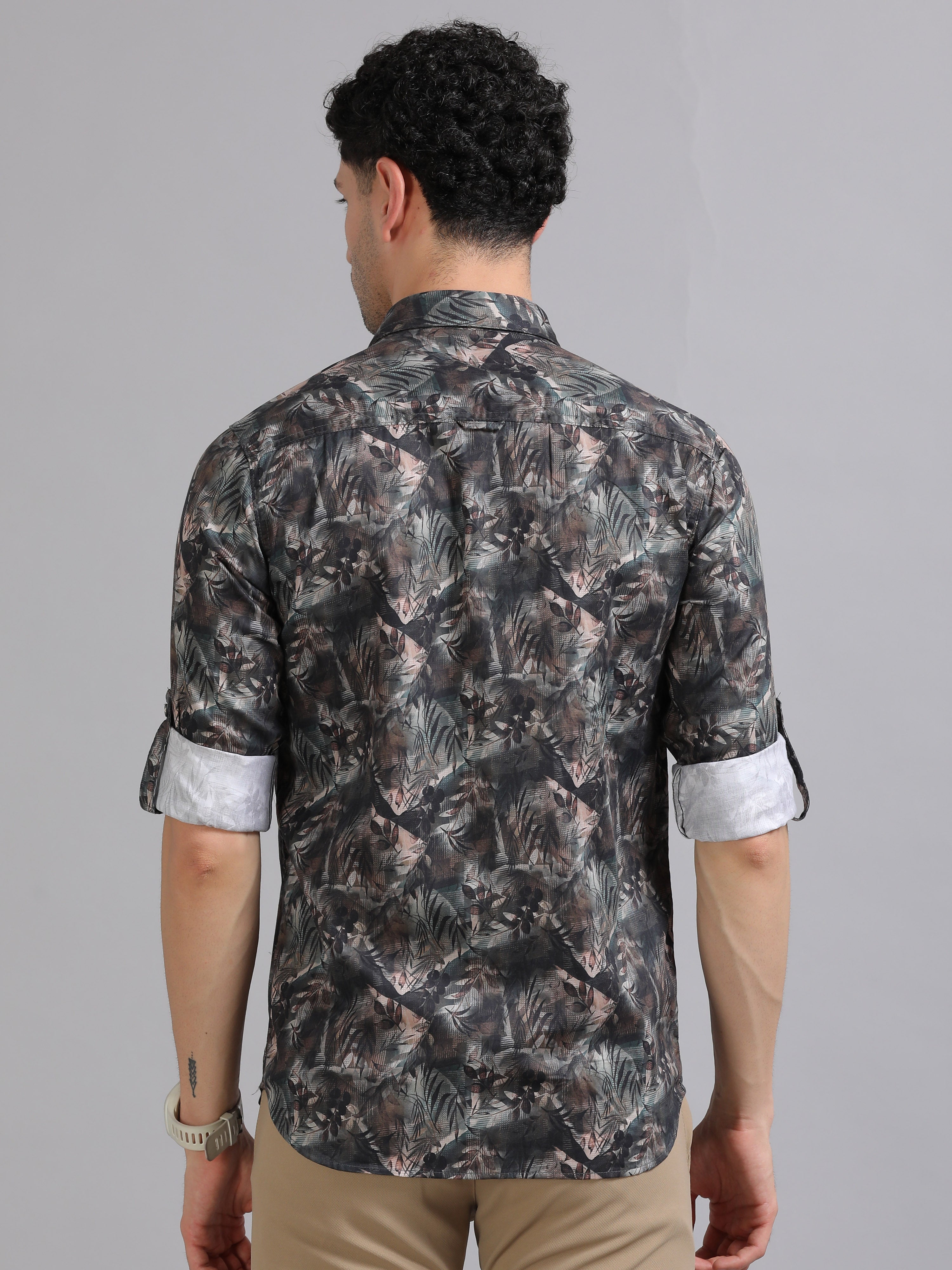 Men Grey Full Sleeve Cotton Printed Casual Shirt