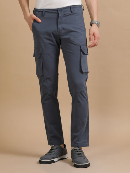 Men Dark Grey Plain Cargo Gap Twill Lycra Casual Joggers