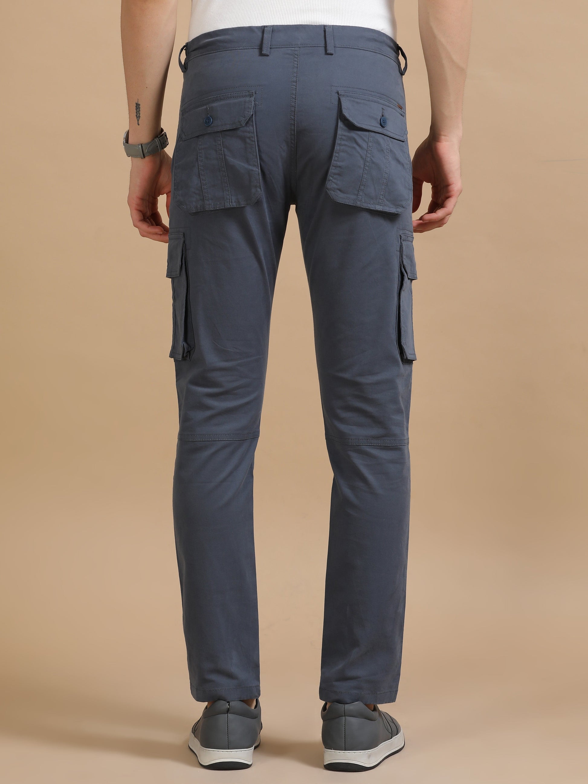 Men Dark Grey Plain Cargo Gap Twill Lycra Casual Joggers