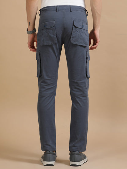Men Dark Grey Plain Cargo Gap Twill Lycra Casual Joggers