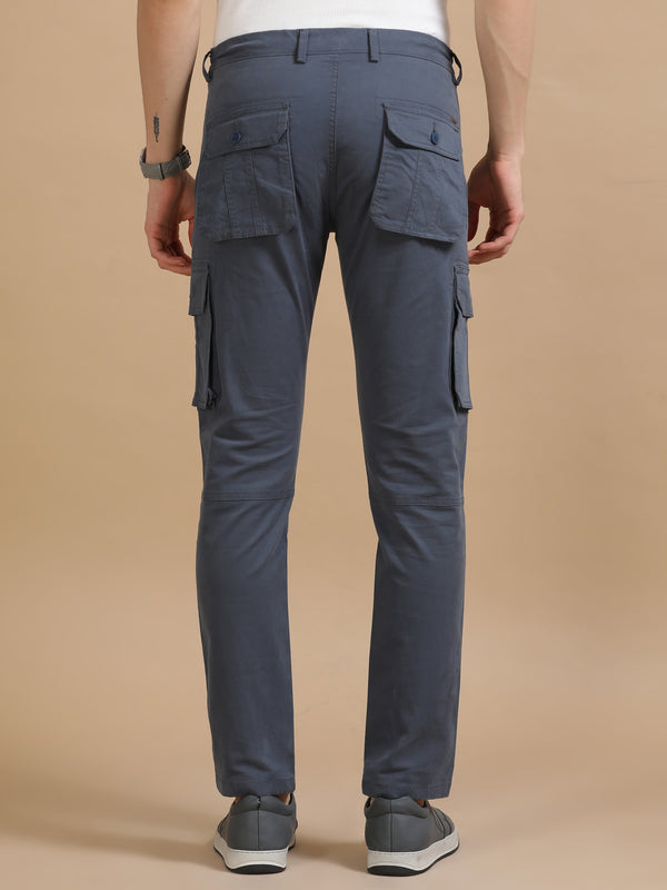 Men Dark Grey Plain Cargo Gap Twill Lycra Casual Joggers