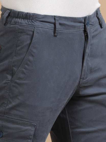 Men Dark Grey Plain Cargo Gap Twill Lycra Casual Joggers