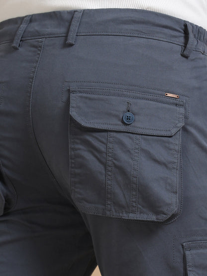 Men Dark Grey Plain Cargo Gap Twill Lycra Casual Joggers