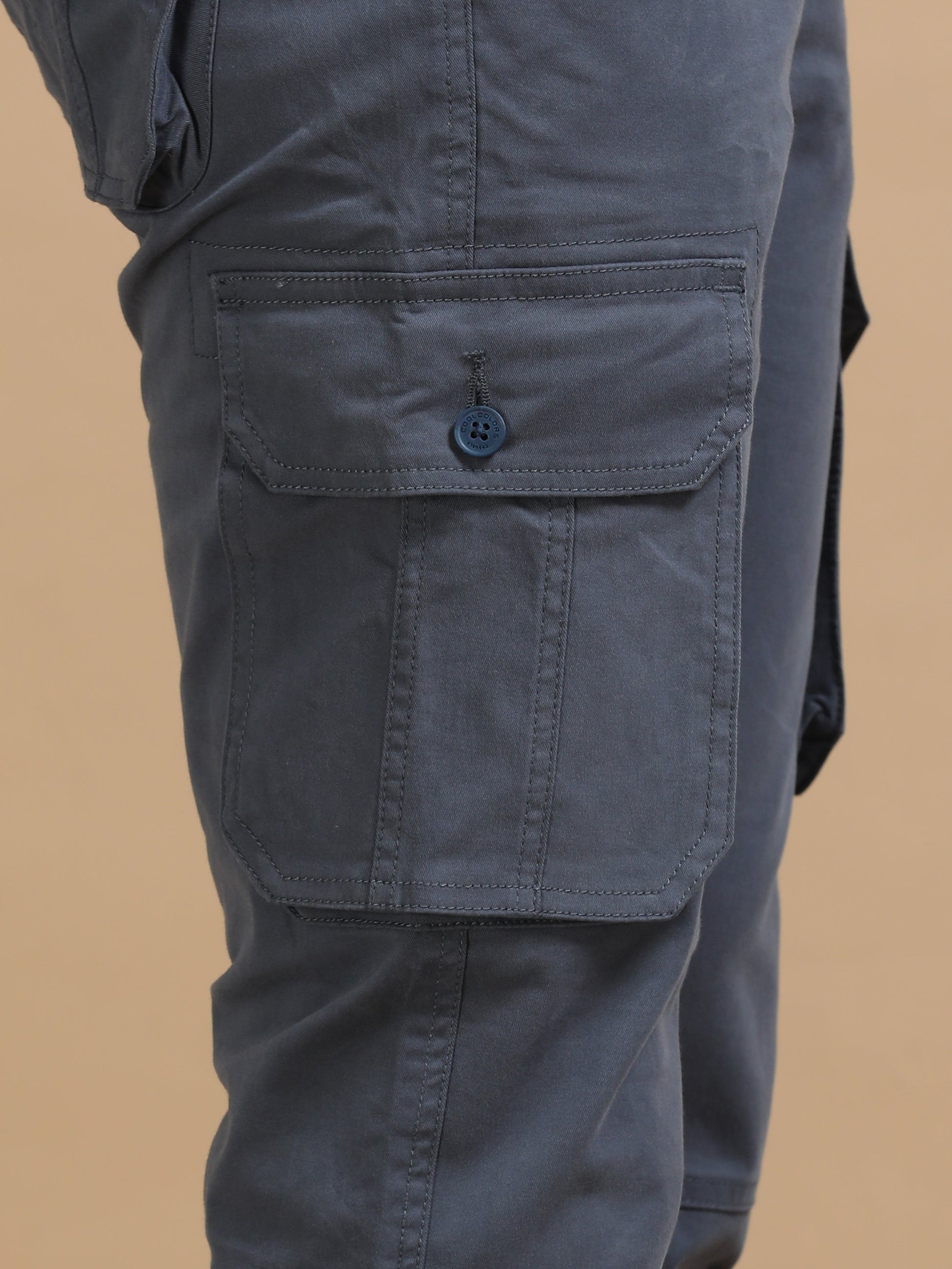 Men Dark Grey Plain Cargo Gap Twill Lycra Casual Joggers