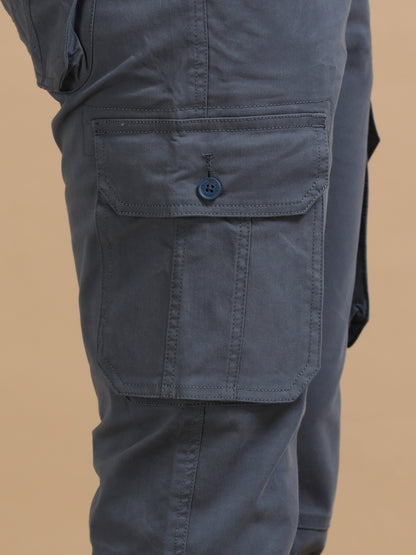 Men Dark Grey Plain Cargo Gap Twill Lycra Casual Joggers