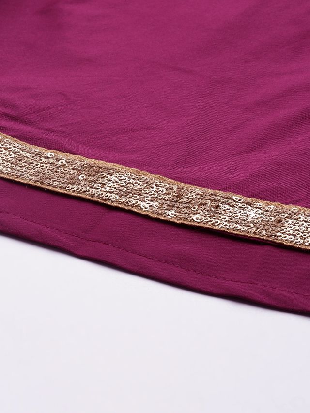 Bollywood Vogue Ready To Wear Magenta Embroidered Velvet Blouse N Silk Skirt Set