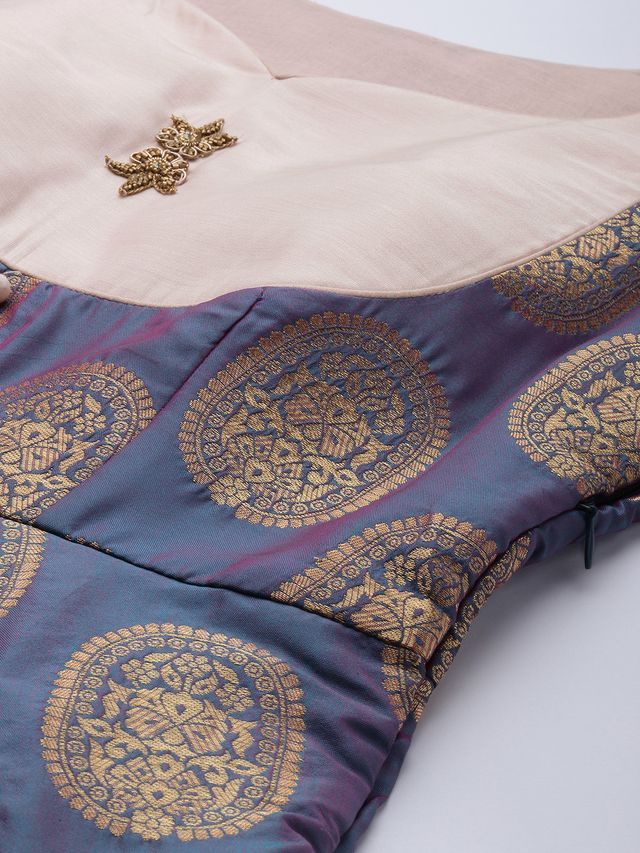 Bollywood Vogue Ready To Wear Peach N Blue Jacquard Layered Gown