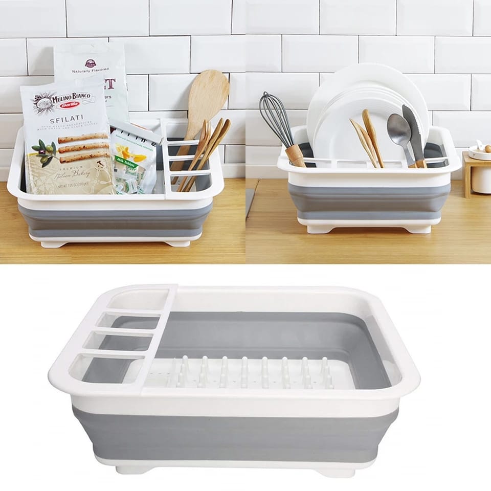 Collapsible Folding Silicone Dish Drying Drainer Rack With Spoon Fork Knife Storage Holder HP DD