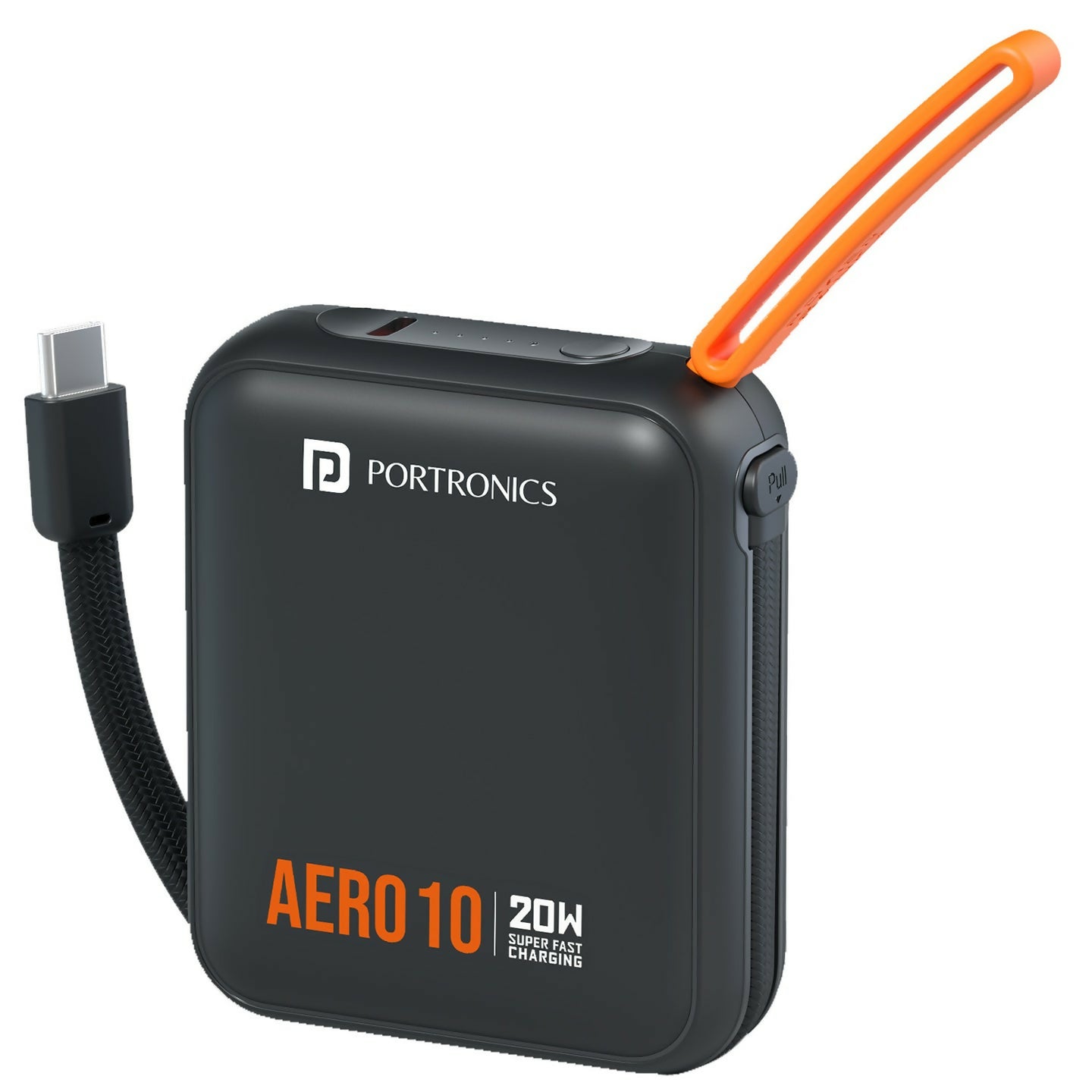 Portronics Aero 10 10000 mAh 20W Fast Charging Mini Power Bank with Detachable Type C Cable, Type C PD Input/Output Port, LED Indicator, Wake Up Button, Strong Lanyard, Light Weight (Black)
