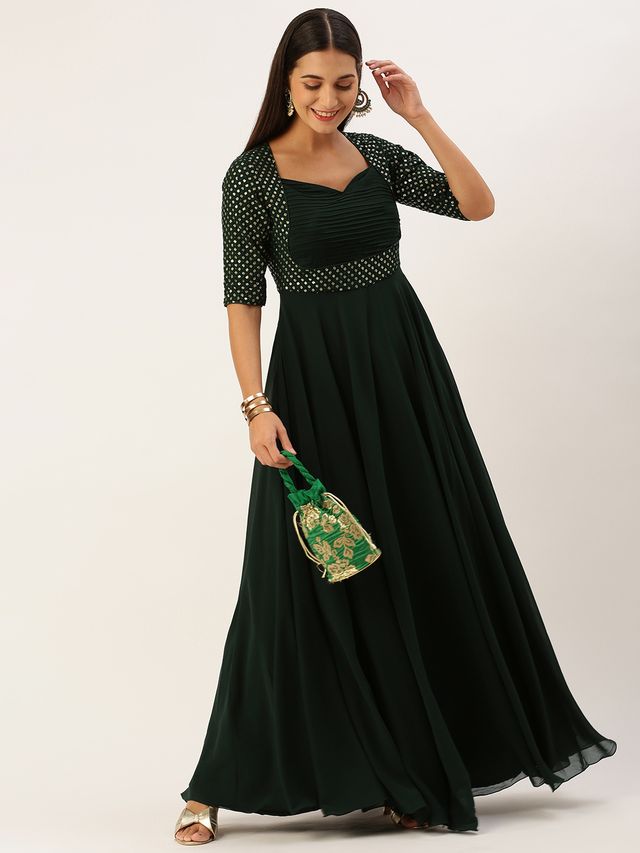 Bollywood Vogue Ready To Wear Green Georgette Sequins Gown