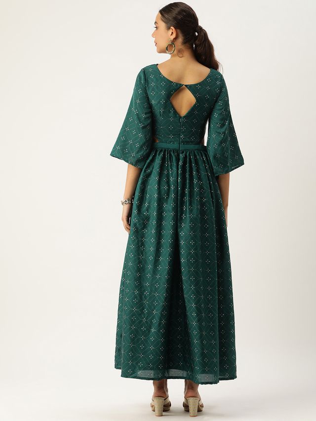 Bollywood Vogue Ready To Wear Teal Green Art Silk Foil Printed Maxi Dress
