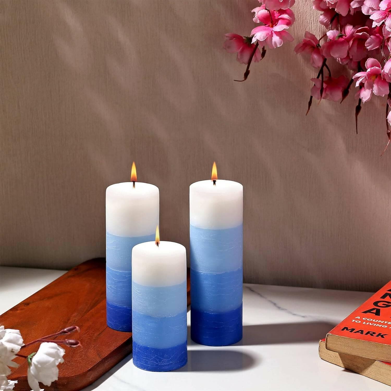 PROSPERRO LUMO by Parkash Candle Set of 3 Fragrance Pillar Candles Shade Finish (Blue - Ocean Blue) - HalfPe