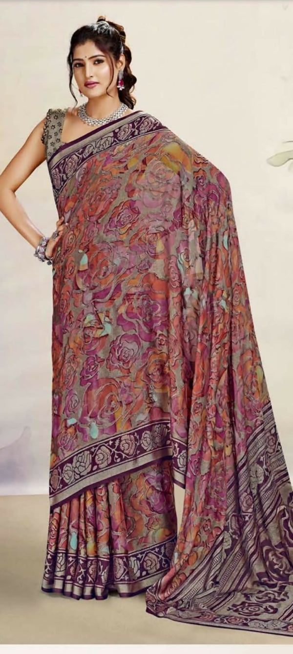 Vintage Rose Aura Synthetic Brasso Saree with Ornate Contrast Border Kalyani silks and sarees