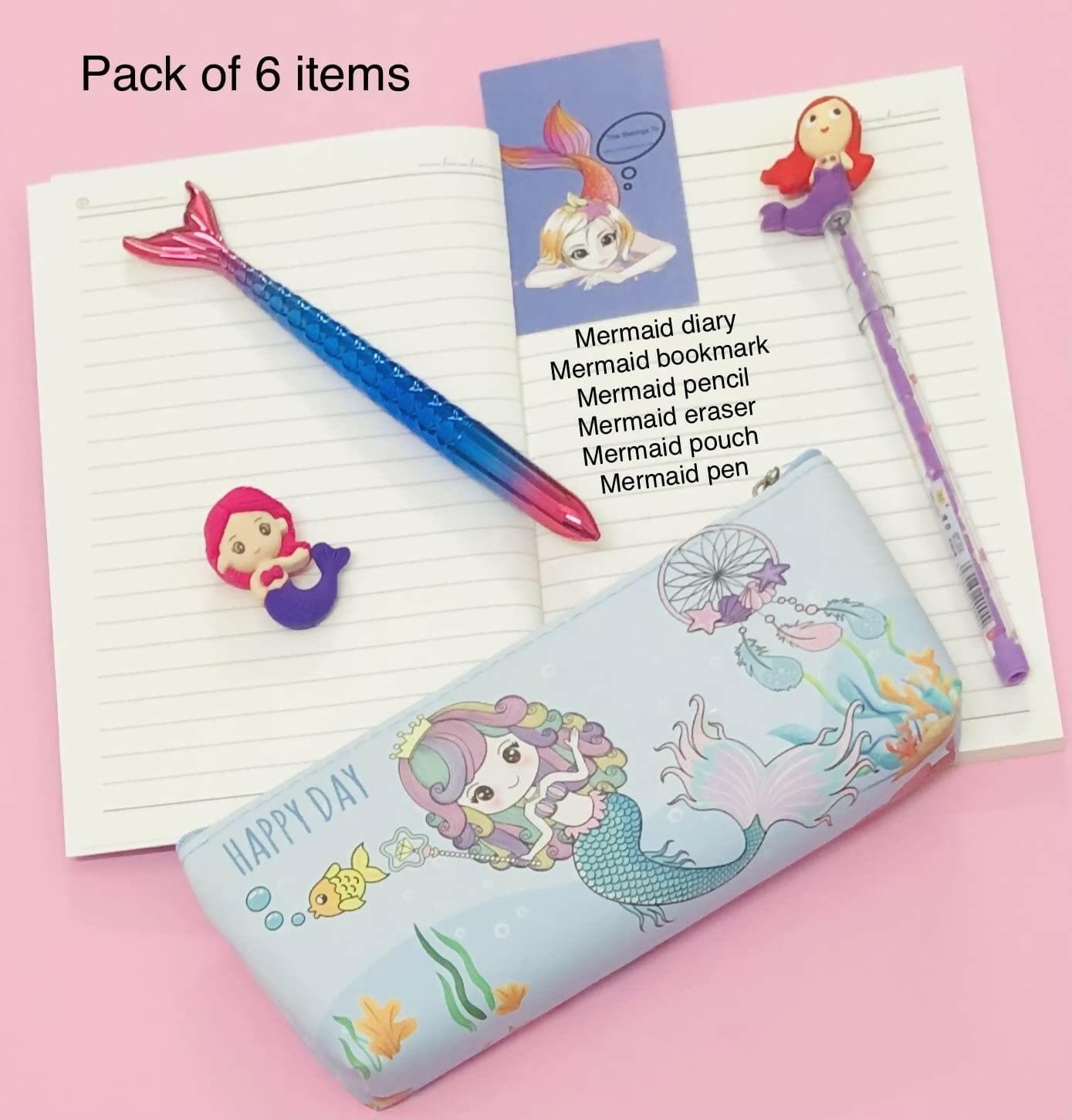 Mermaid Theme Diary Notebook , Pouch , Pen , Pencil , Eraser & Bookmark - HalfPe