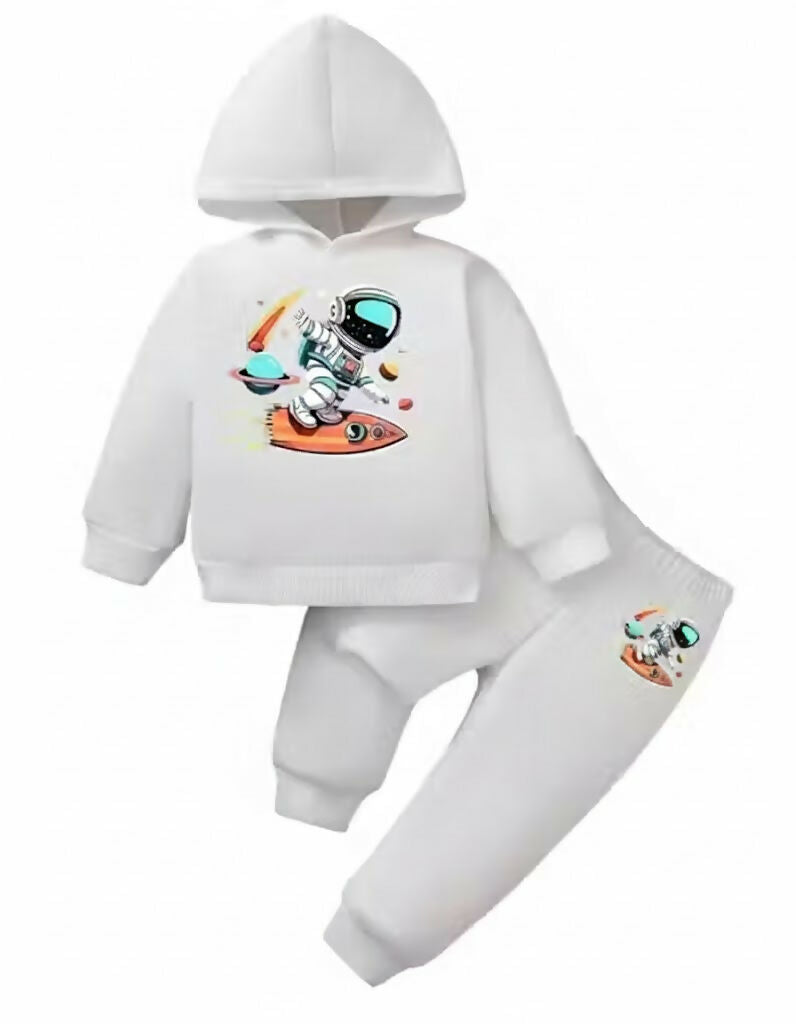Kids Astronaut Printed White Cotton Blend Hoodie & Jogger Set Luck Fashion