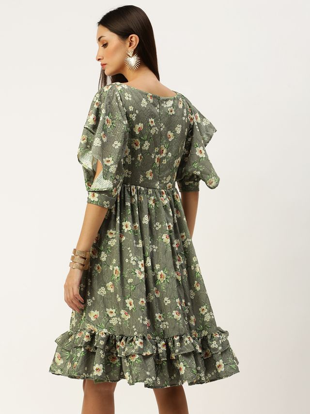 Bollywood Vogue Ready To Wear Mehndi Green Georgette Printed Dress