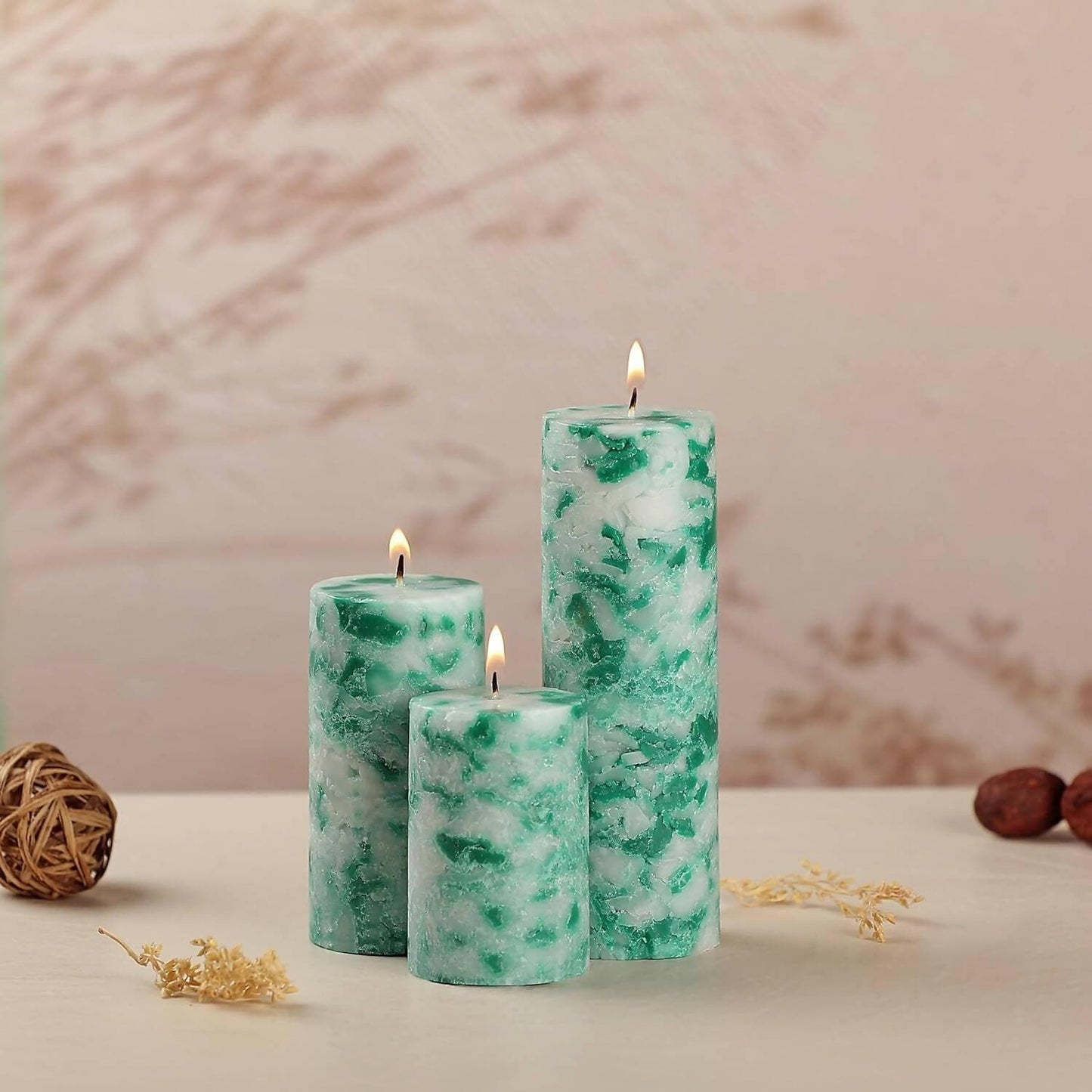 PROSPERRO LUMO Paraffin Wax By Parkash Candles Set Of 3 Fragrance Pillar Candles Marble Finish (Green Apple) - HalfPe