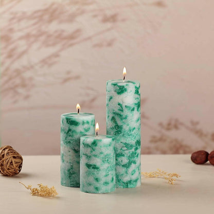 PROSPERRO LUMO Paraffin Wax By Parkash Candles Set Of 3 Fragrance Pillar Candles Marble Finish (Green Apple) - HalfPe