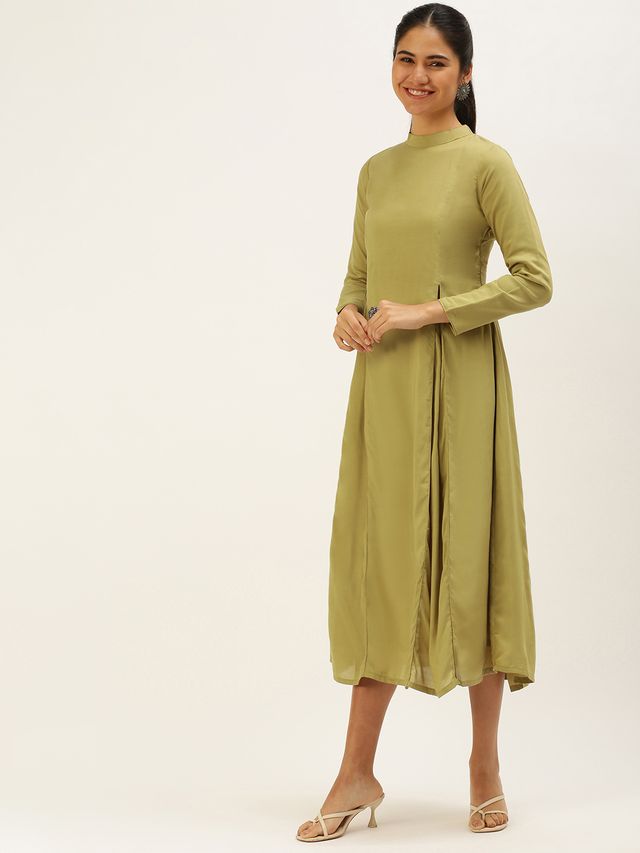 Bollywood Vogue Ready To Wear Collar Neck Calf Length Length Khaki Dress