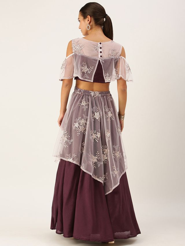 Bollywood Vogue Ready To Wear Mauve Net Embroidered Handkerchief Style Skirt Set
