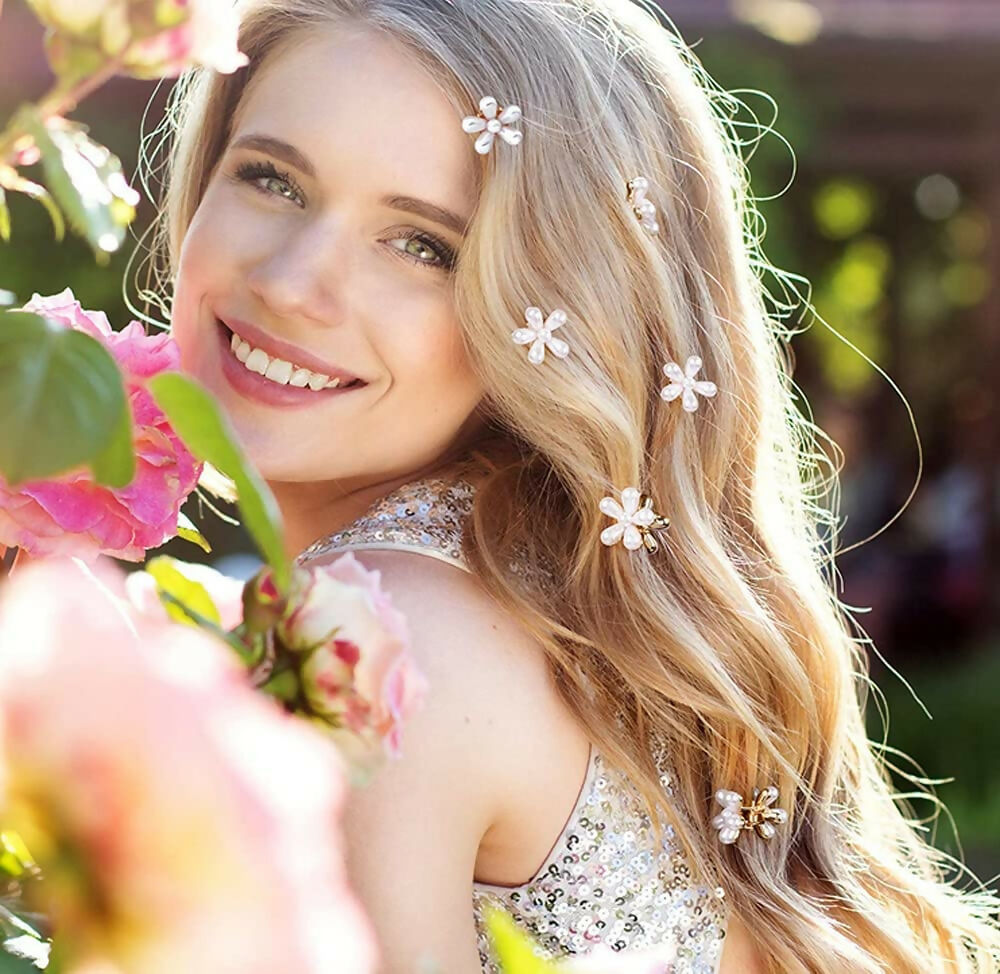 Mini Pearl Flower Hair Claw Clips Korean Style Cute Decorative Hair Accessories for Girls & Women (10 Pcs)